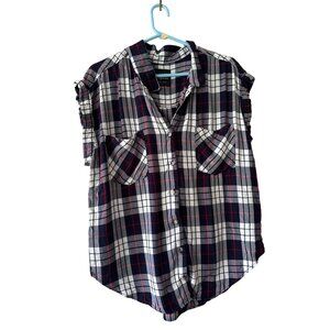 Jachs Girlfriend Red Grey Button Up Plaid Shirt Cap Sleeve Top Front Pockets XL